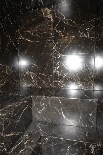 Baño: EFTA00000171 - Black marble walls and floor with golden veins reflecting light in a luxuri