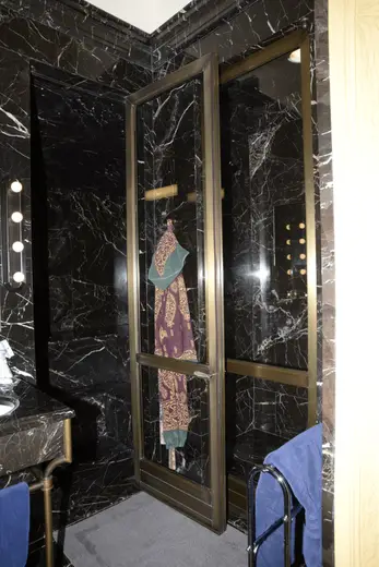 Badezimmer: EFTA00000168 - Luxurious bathroom features black marble walls a brass-framed glass shower 