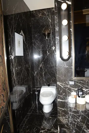 Badezimmer: EFTA00000172 - Luxurious bathroom with black marble walls a white toilet and a mirror illu