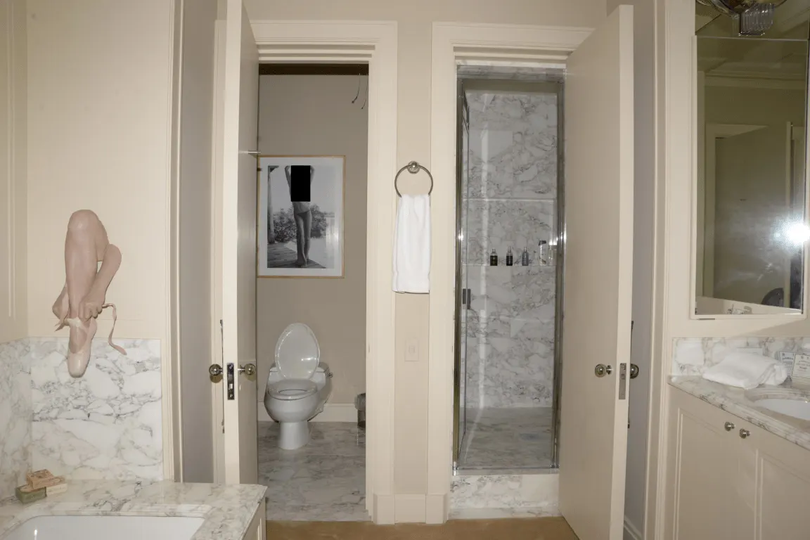 Salle de bains: EFTA00000273 - Bathroom with marble walls a glass shower enclosure and a sculpture of a ba