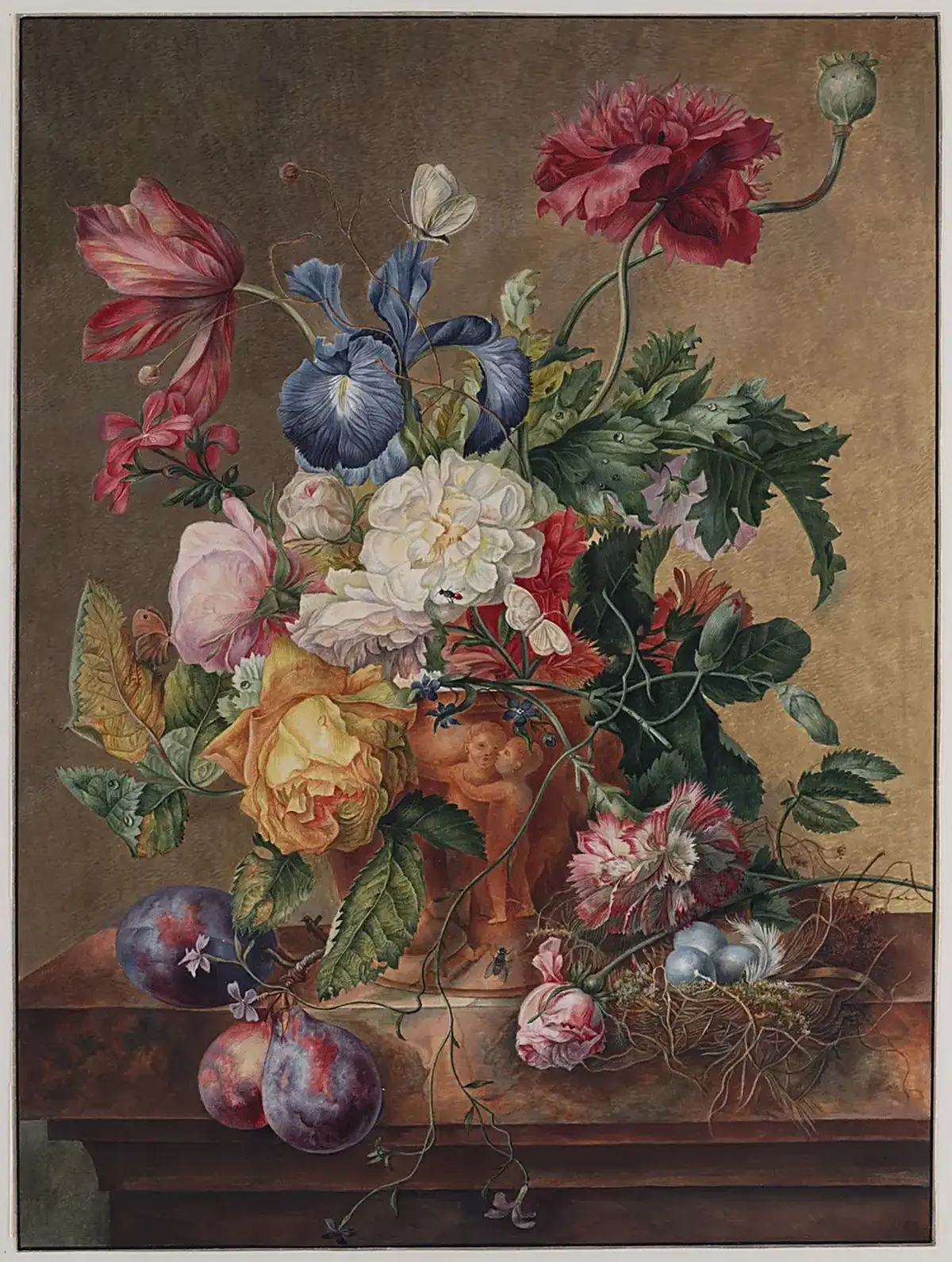 Détail de surface: Maria Geertruida Snabilie - Flowers in a Terracotta Vase on a Marble Slab
