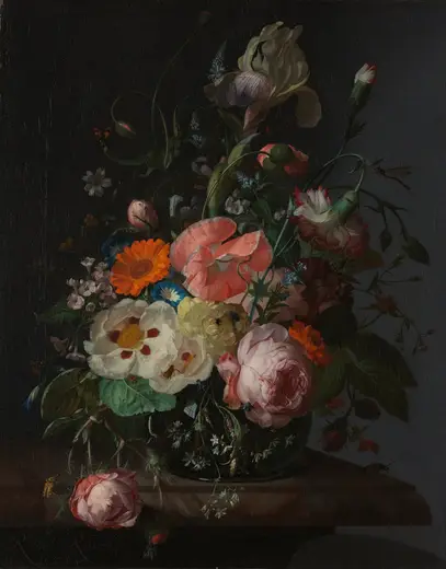 Detalle de superficie: Rachel Ruysch - Still life with flowers on a marble tabletop