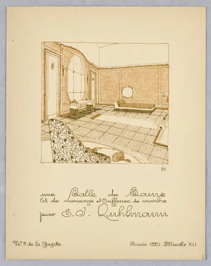 Detalle de superficie: Print, Gazette du Bon Ton (Journal of Good Tastes), Vol. 2, No. 9, Une Salle de Bains, lit