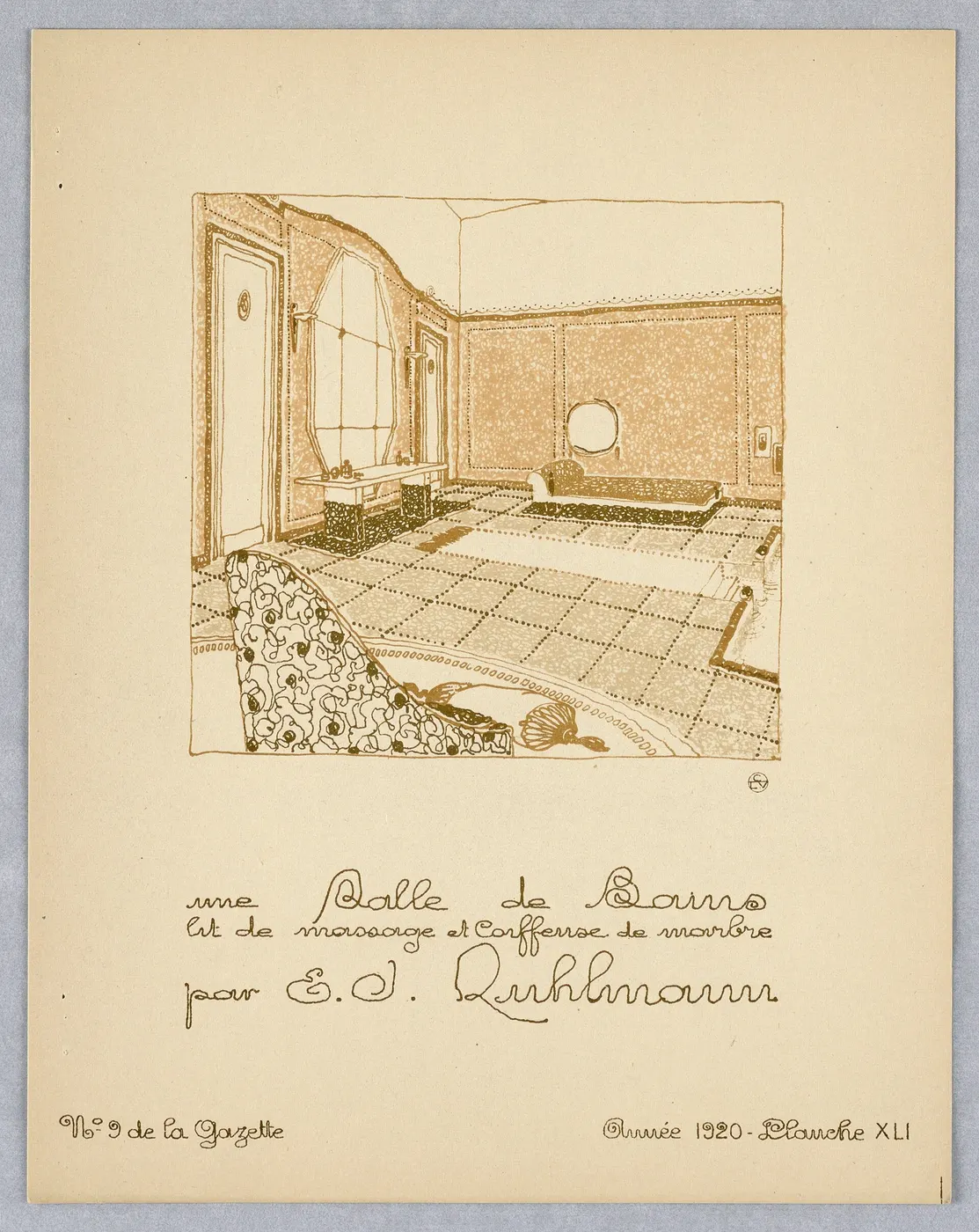 Dettaglio di superficie: Print, Gazette du Bon Ton (Journal of Good Tastes), Vol. 2, No. 9, Une Salle de Bains, lit