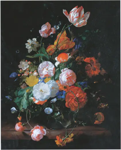 Detalle de superficie: Rachel Ruysch - Flowers in a glass vase on a marble slab formerly of Munich Alte Pinakothe