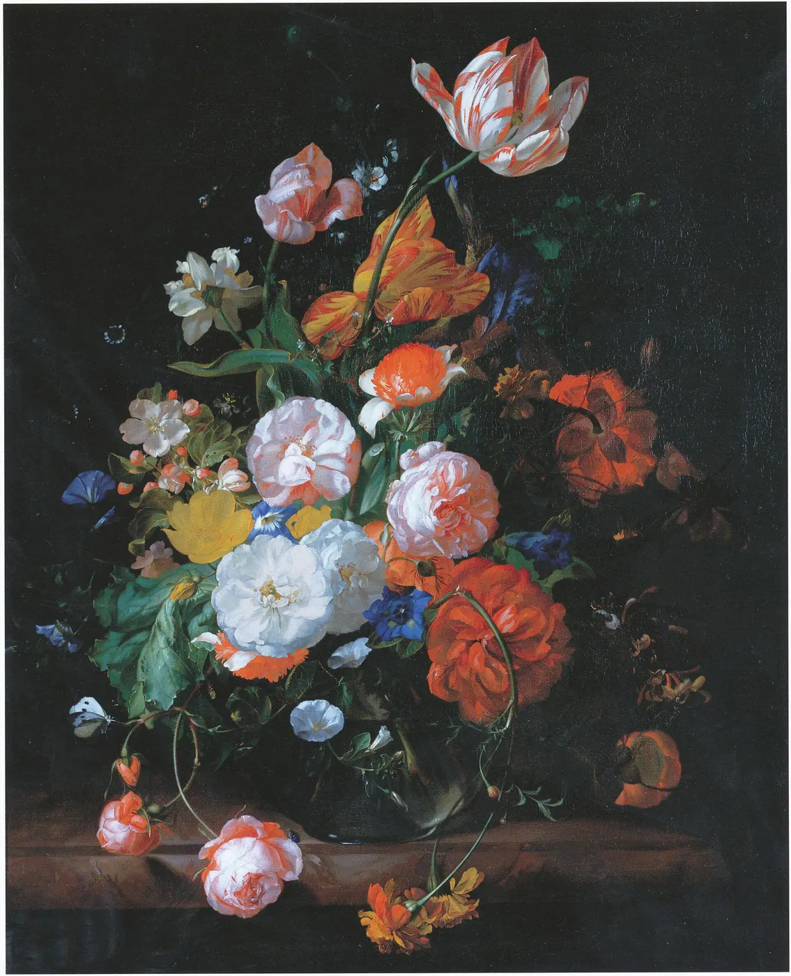 Détail de surface: Rachel Ruysch - Flowers in a glass vase on a marble slab formerly of Munich Alte Pinakothe