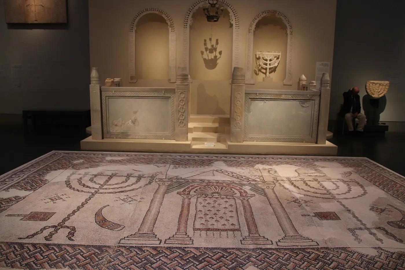 Suelo: Reconstruction of Susiya Synagogue Bema (Podium), Marble, 5th-8th Century AD, & Mosaic Til