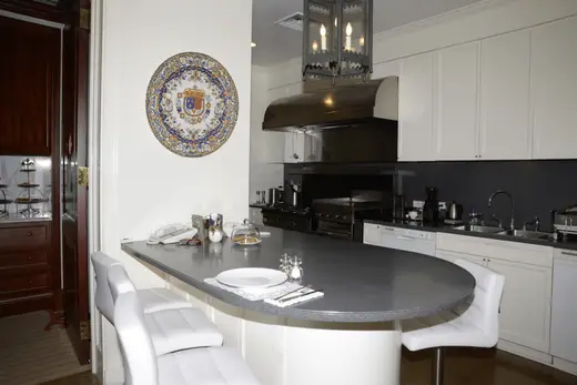 Kitchen: EFTA00000072 - Modern kitchen with white cabinets a dark countertop and a decorative plate