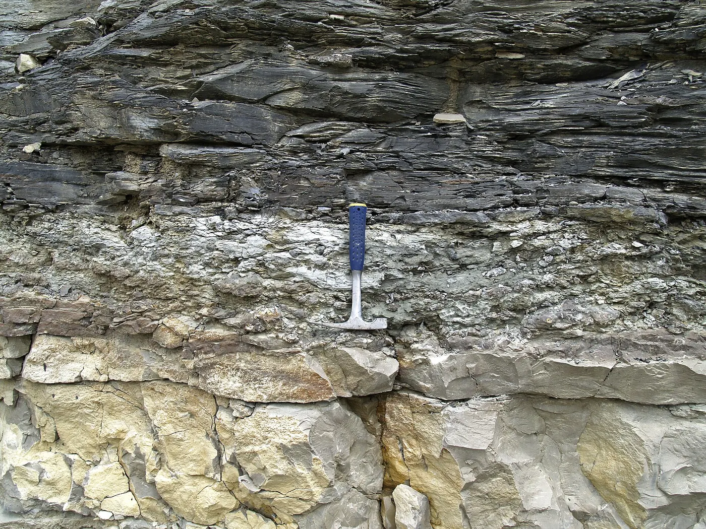 Quarry view: Pottsville Group over Maxville Limestone (Pleasant Valley Limestone Quarry, Muskingum Coun