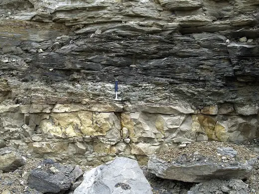 Vista de cantera: Pottsville Group over Maxville Limestone (Pleasant Valley Limestone Quarry, Muskingum Coun