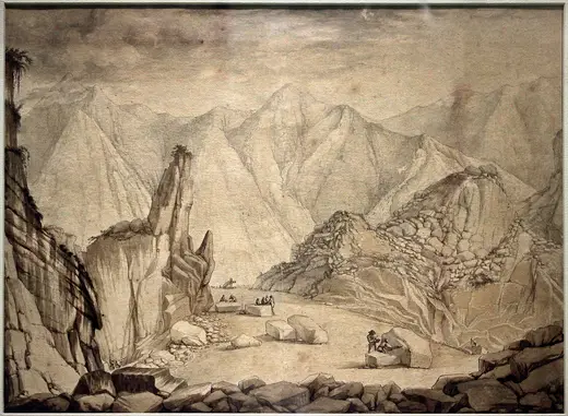 Vista de cantera: Anonimo, le cave di carrara, disegno, xvii secolo (biblioteca dell'archivio di stato di ma