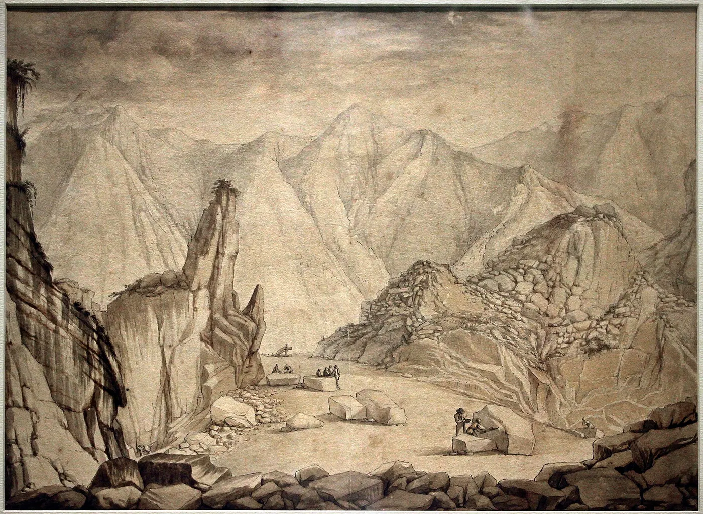 Vista de cantera: Anonimo, le cave di carrara, disegno, xvii secolo (biblioteca dell'archivio di stato di ma