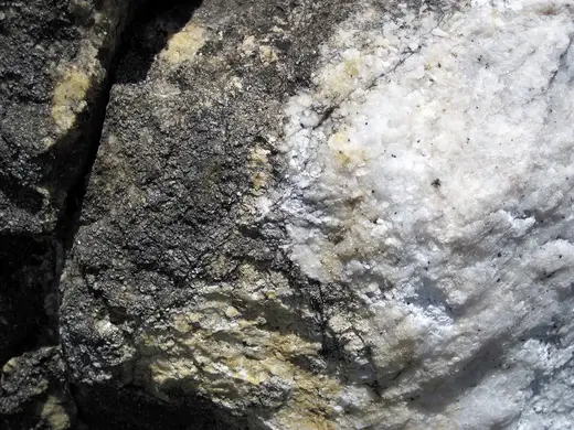 Superficie di lastra: Dolomitized marble in marble (Gouverneur Marble, Mesoproterozoic, ~1.1 Ga; Route 11 roadcu