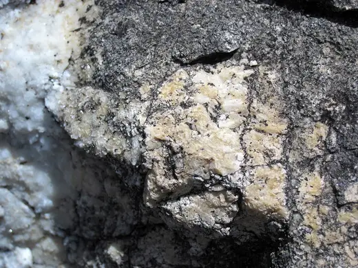 Superficie di lastra: Dolomitized marble in marble (Gouverneur Marble, Mesoproterozoic, ~1.1 Ga; Route 11 roadcu
