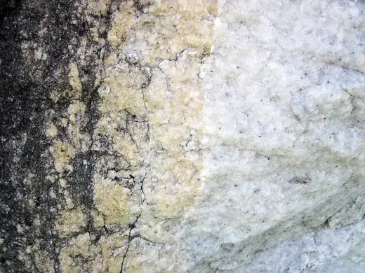 Superficie di lastra: Dolomitized marble in marble (Gouverneur Marble, Mesoproterozoic, ~1.1 Ga; Route 11 roadcu