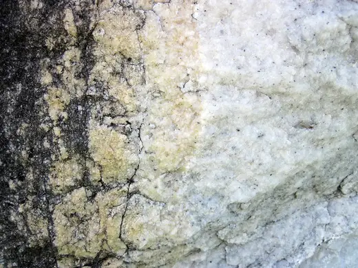 Superficie di lastra: Dolomitized marble in marble (Gouverneur Marble, Mesoproterozoic, ~1.1 Ga; Route 11 roadcu