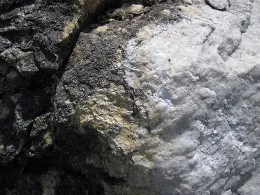 Superficie di lastra: Dolomitized marble in marble (Gouverneur Marble, Mesoproterozoic, ~1.1 Ga; Route 11 roadcu
