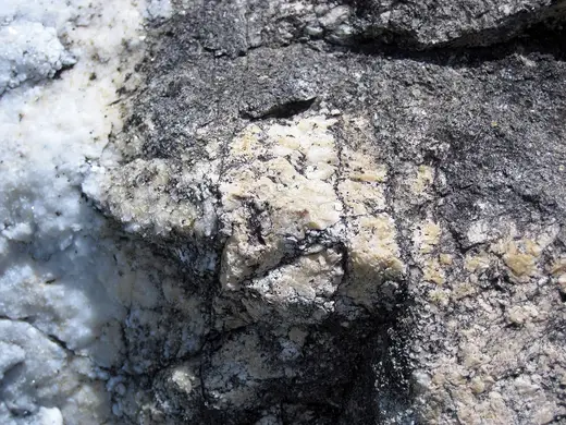 Slab surface: Dolomitized marble in marble (Gouverneur Marble, Mesoproterozoic, ~1.1 Ga; Route 11 roadcu