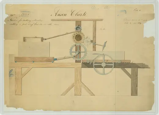 Slab surface: Anson Clark's Patent Drawing for a Machine for Cutting, Chiseling, Rubbing, and Polishing 