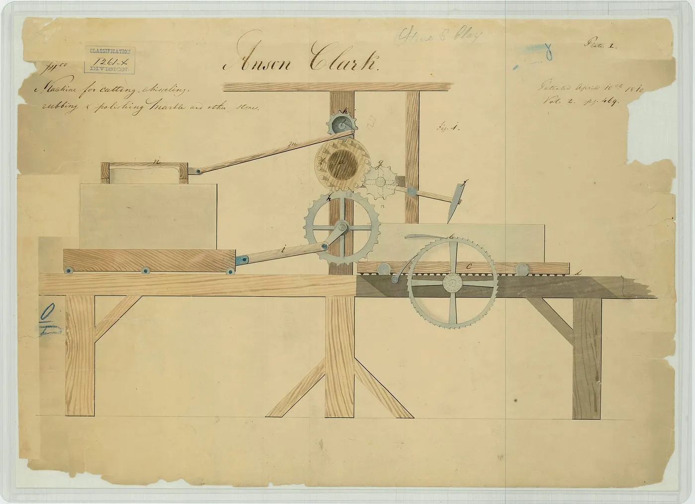 Superficie di lastra: Anson Clark's Patent Drawing for a Machine for Cutting, Chiseling, Rubbing, and Polishing 