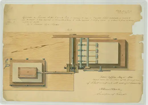 Slab surface: Anson Clark's Patent Drawing for a Machine for Cutting, Chiseling, Rubbing, and Polishing 