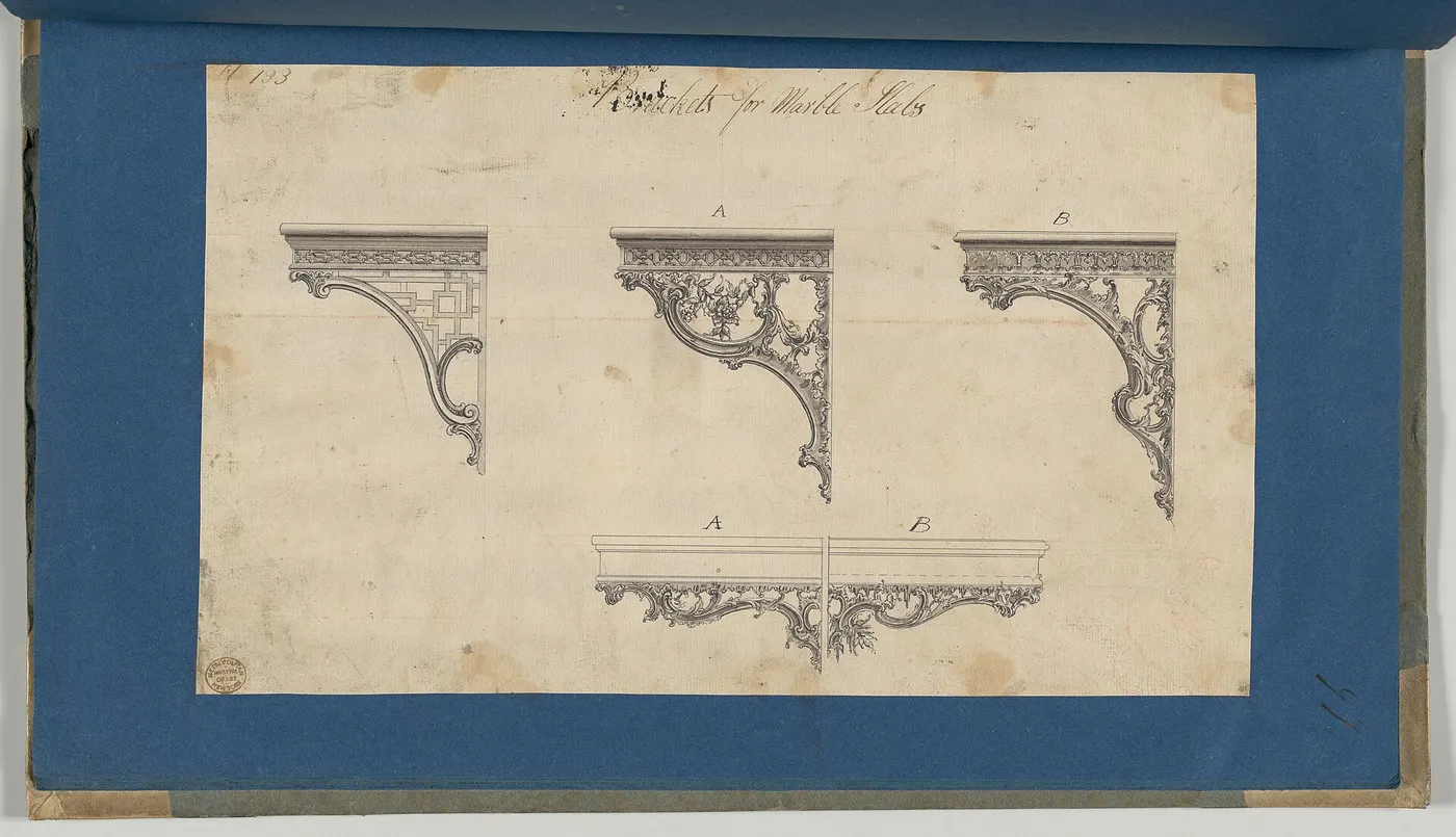 Plattenoberfläche: Brackets for Marble Slabs, in Chippendale Drawings, Vol. I MET DP-14278-081