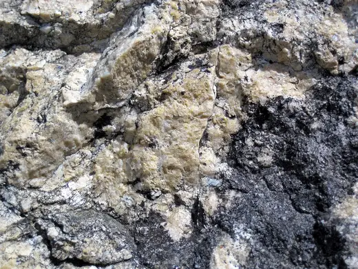 Superficie di lastra: Dolomitized marble in marble (Gouverneur Marble, Mesoproterozoic, ~1.1 Ga; Route 11 roadcu