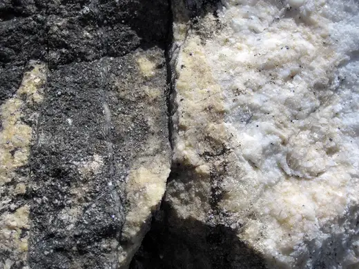 Superficie di lastra: Dolomitized marble in marble (Gouverneur Marble, Mesoproterozoic, ~1.1 Ga; Route 11 roadcu