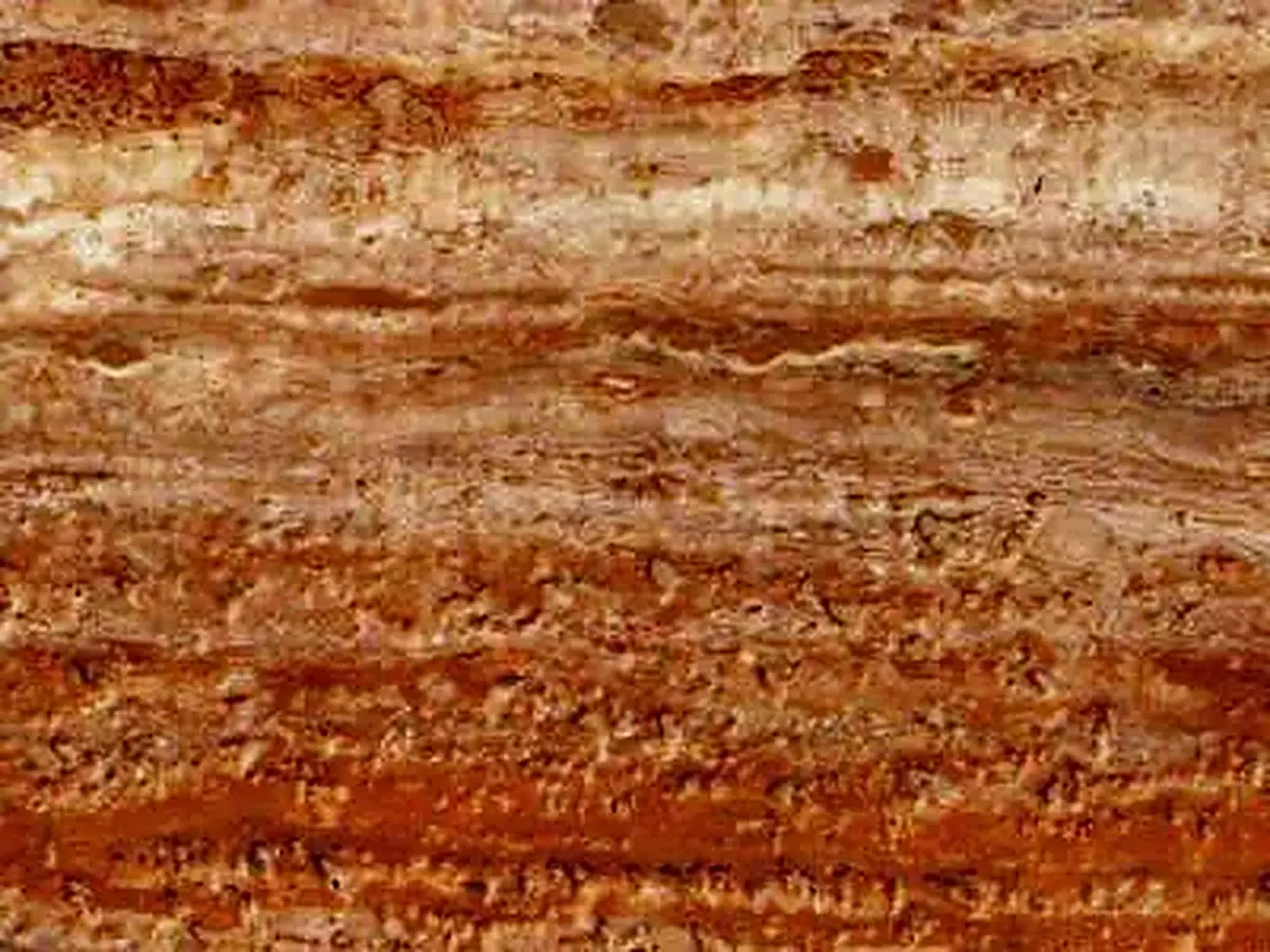 Travertino Oro travertino, muestra pulida – Marmi di Carrara – rojo óxido, dorado (1)
