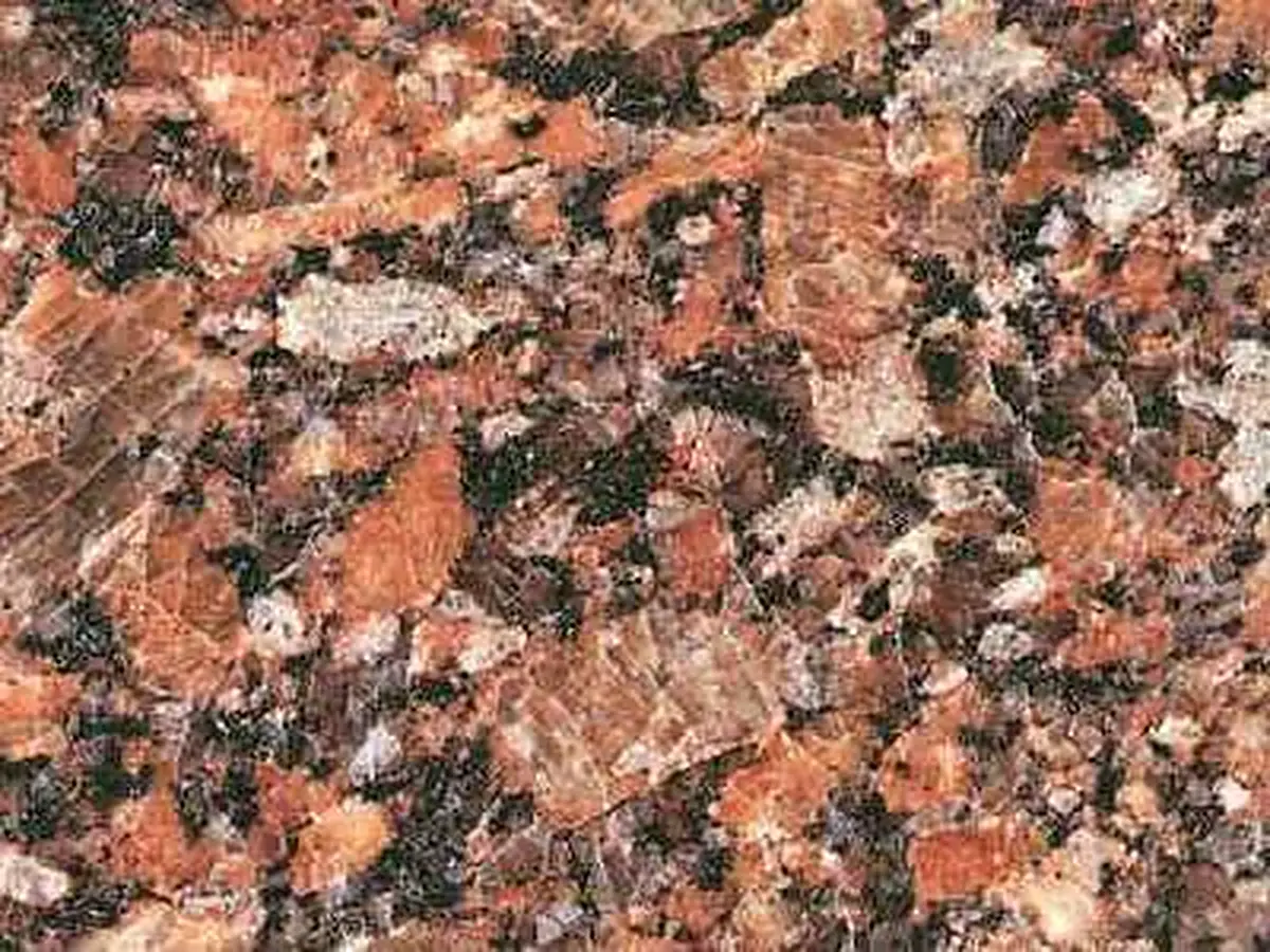 Vermelho Baroco Granit, polierte Probe – Marmi di Carrara – braun, gold (1)